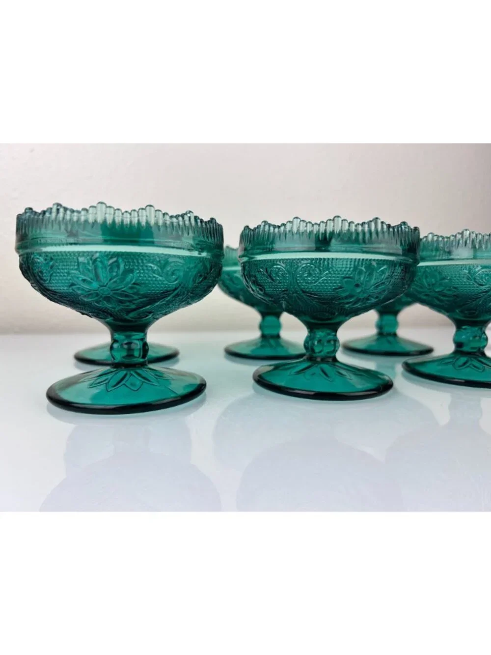Tiara Indiana Green Glass Spruce Sherbet Compote Pedestal Bowls Cups Set of 6